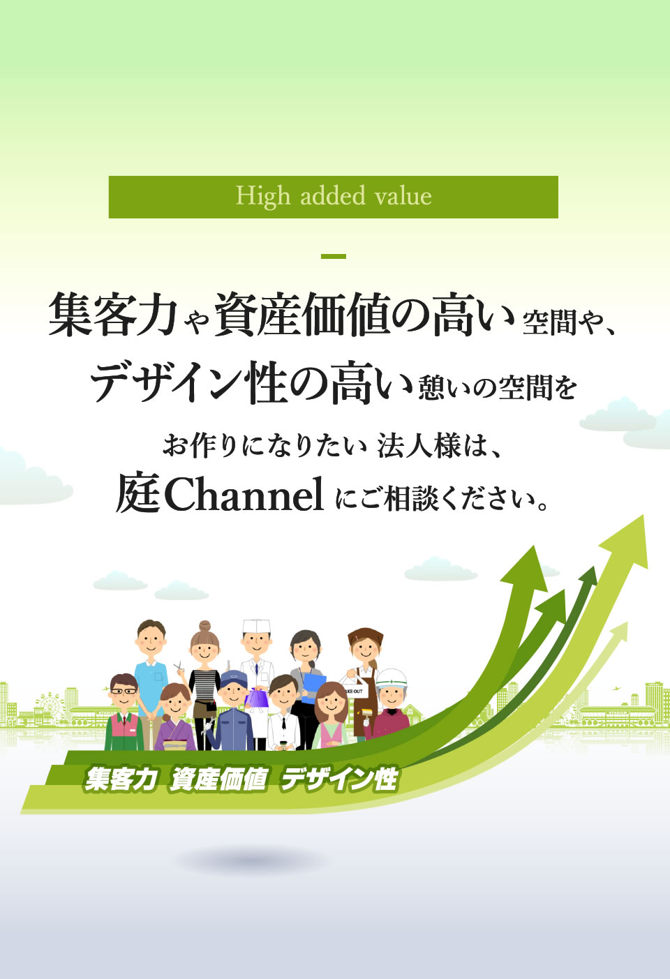 High added value 集客力や資産価値の高い空間や、デザイン性の高い憩いの空間をお作りになりたい法人様は、庭Channelにご相談ください。